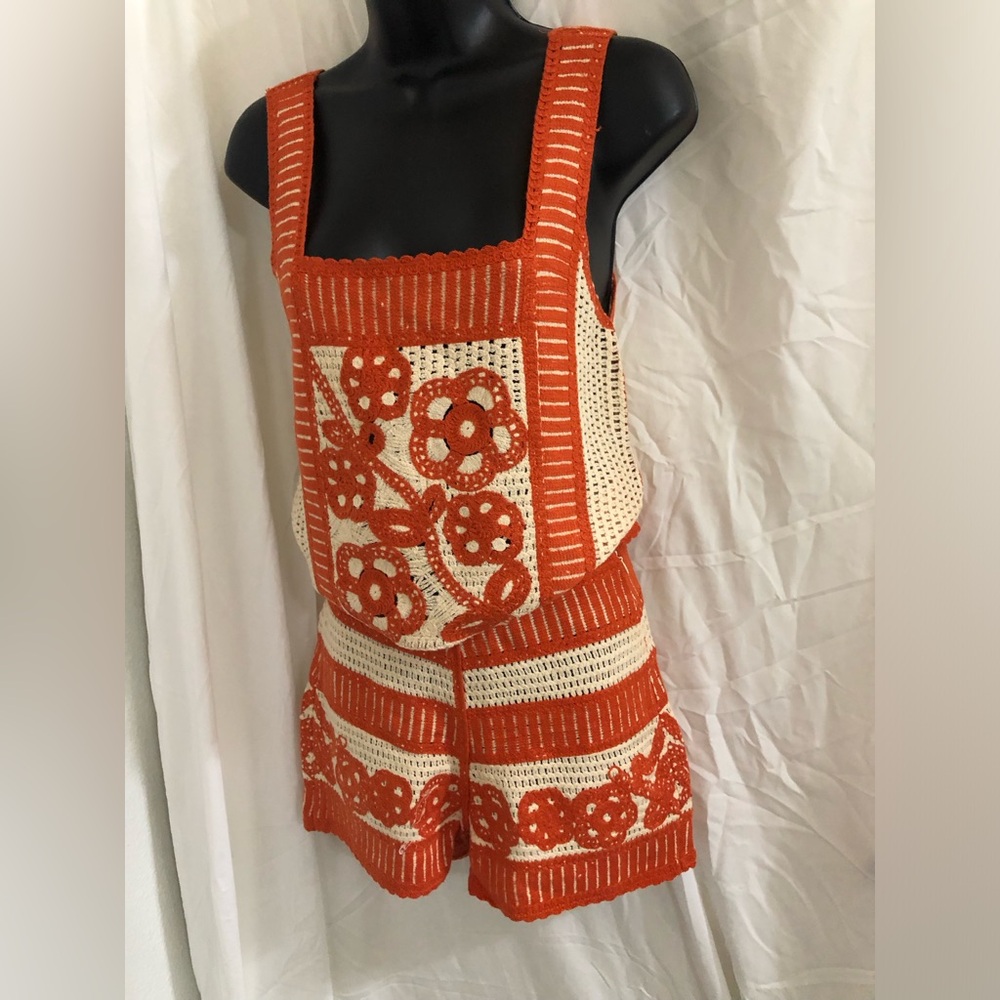 Orange and cream crochet net squareneck boho top and‎ shorts size XS brand new